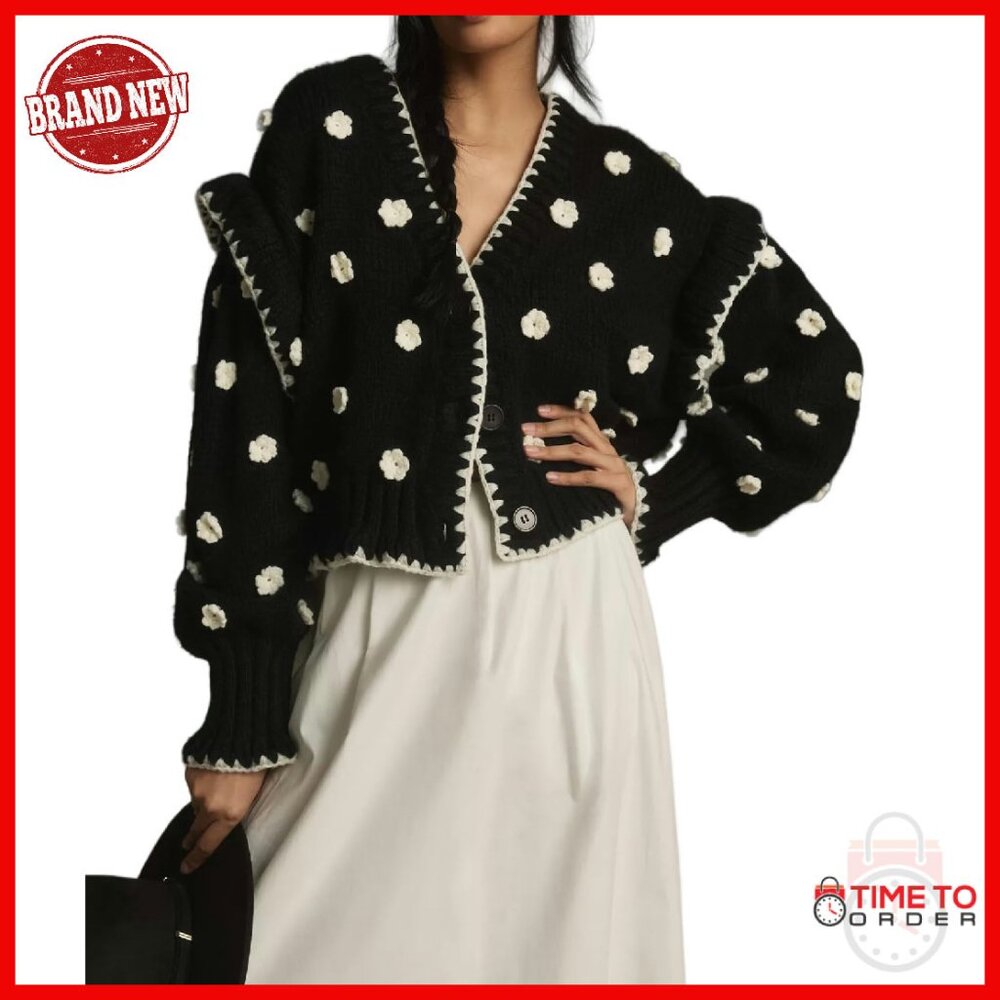 Chunky Knit Floral Cardigan Drop Shoulder V-Neck Button Down